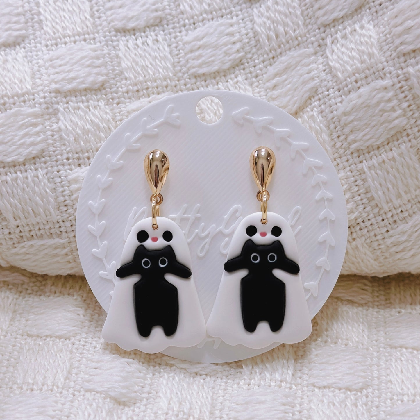 Handcrafted Ghost Hugging Black Cat Dangle Earrings – Cute Polymer Clay Halloween Jewelry