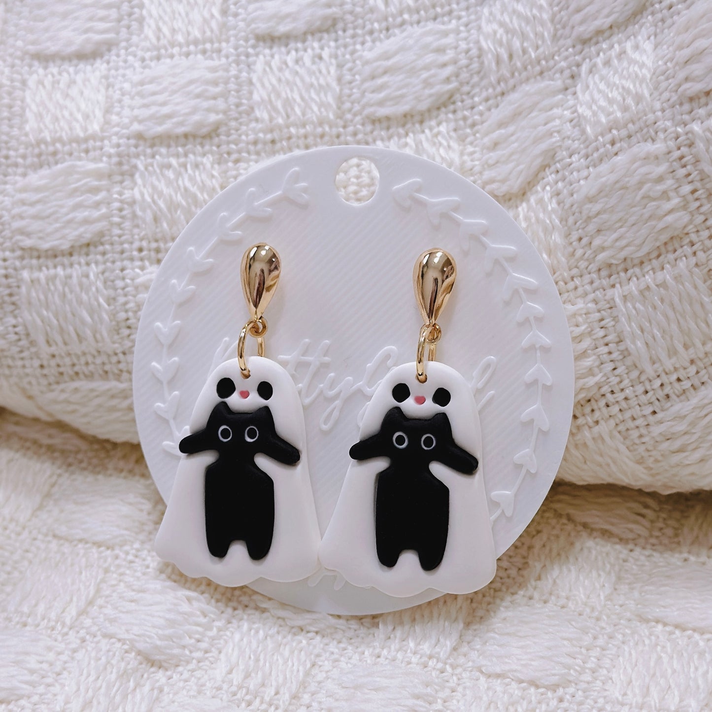 Handcrafted Ghost Hugging Black Cat Dangle Earrings – Cute Polymer Clay Halloween Jewelry