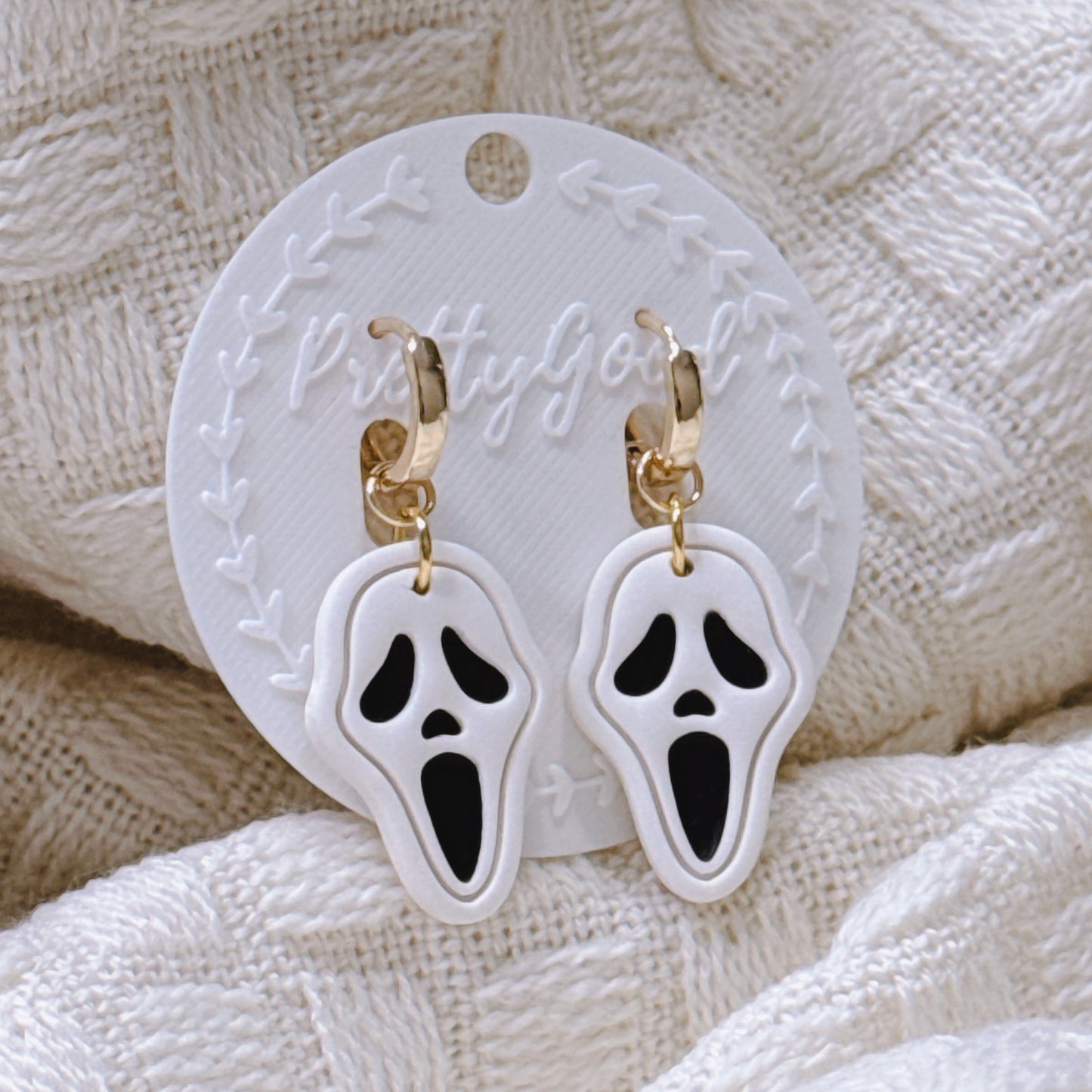 Scream Ghost Face Earrings, Handmade Polymer Clay Dangle Huggies, Spooky Cute Halloween Jewelry