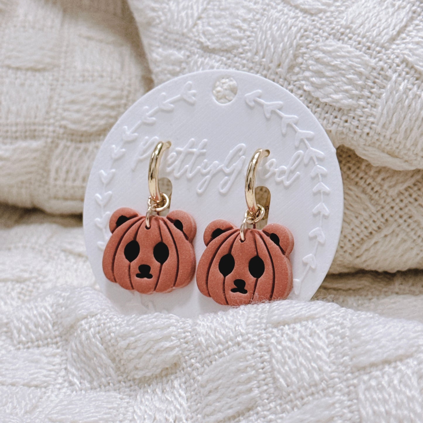 Pumpkin Bear Earrings, Handmade Polymer Clay Halloween Huggies, 14K Gold Plated Cute Spooky Jewelry, Gift for Her