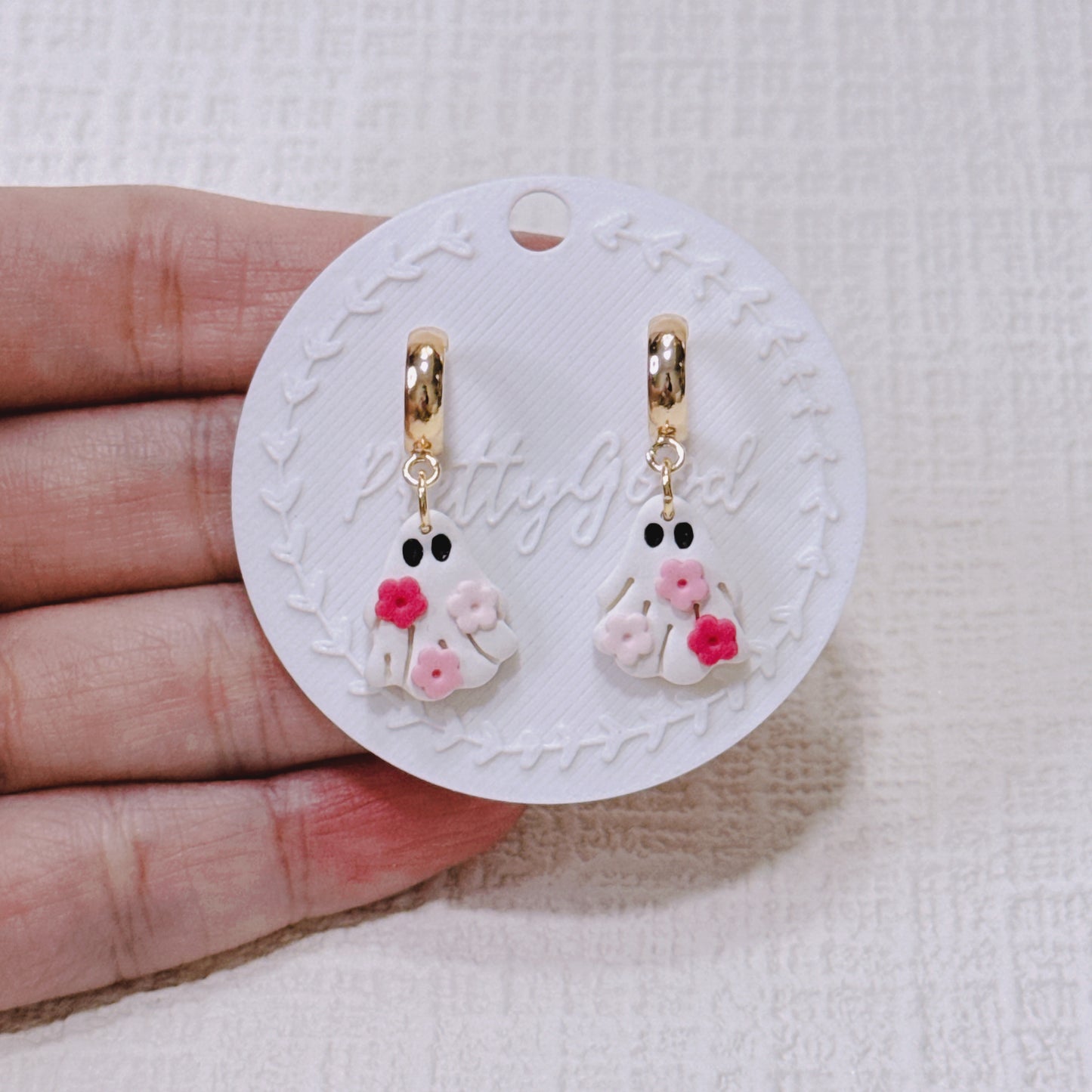 Handcrafted Floral Ghost Earrings, Cute Summerween & Halloween Huggies, Gift for Her