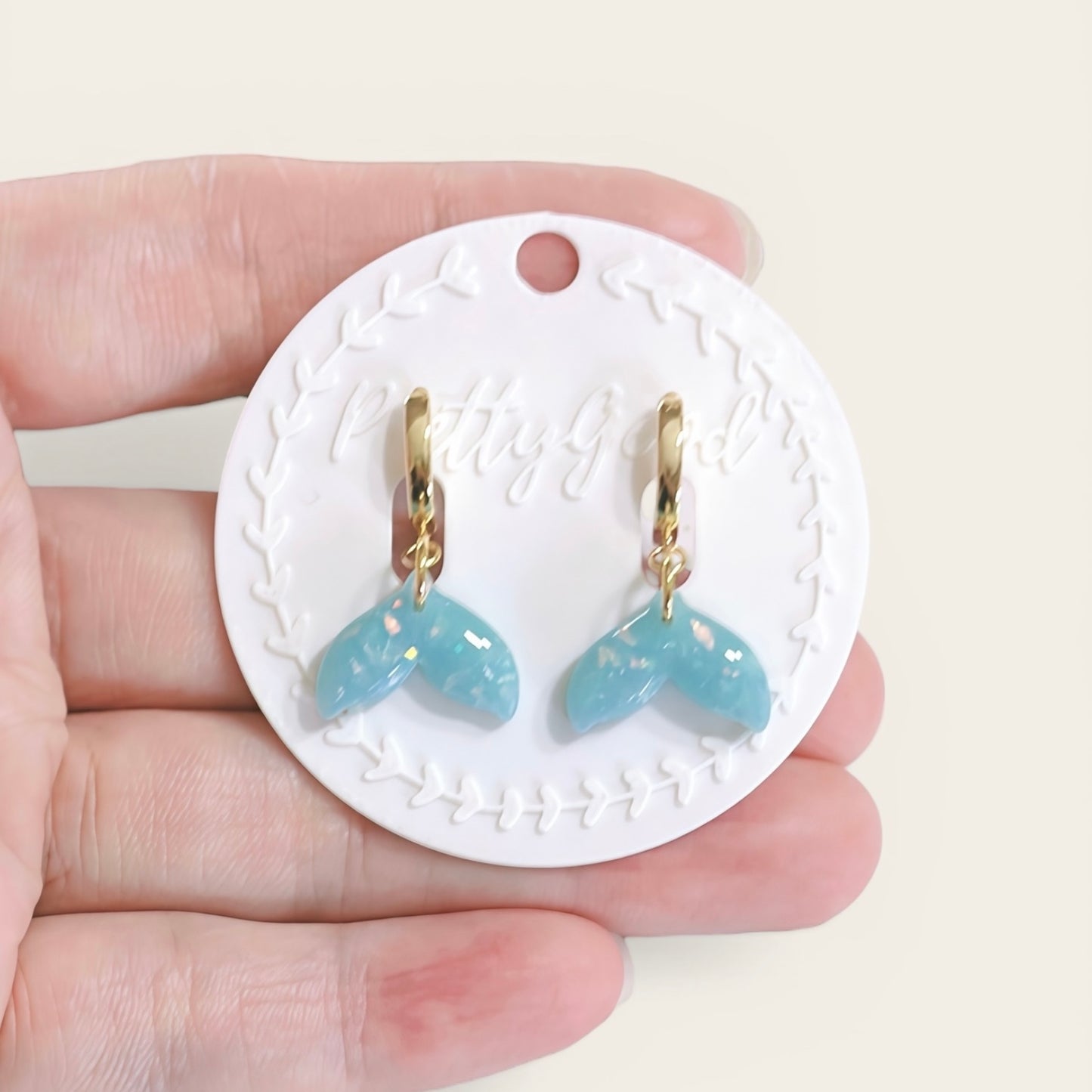 Mermaid Tail Huggie Earrings Blue | Faux Opal Ocean Earrings | 14K Gold Plated Small Dangle Earrings