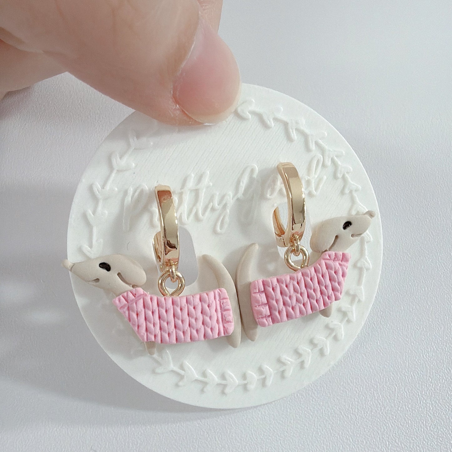 Dachshund Knit Dangle Earrings | Handmade Polymer Clay Sausage Dog Earrings | Cute Gift for Her