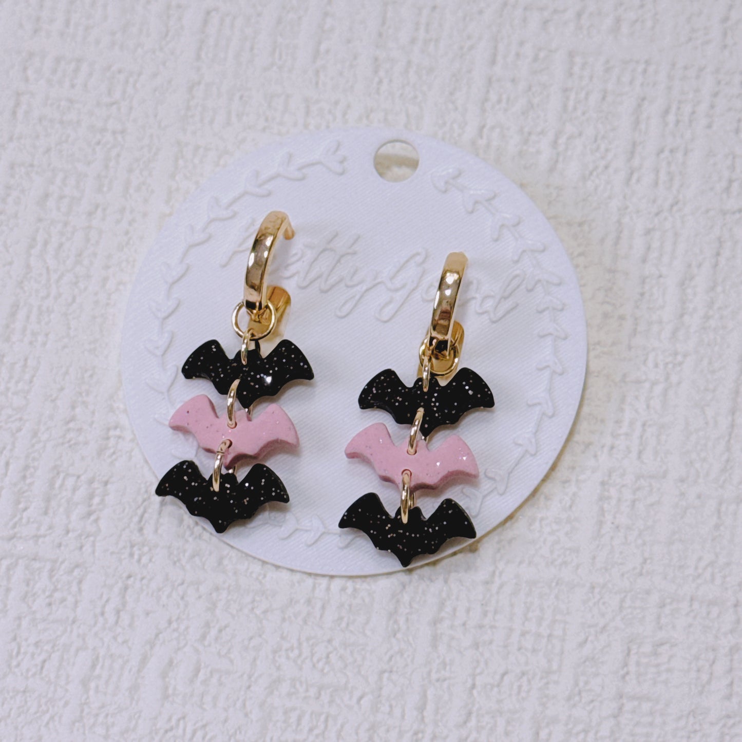 Handcrafted Summerween Bat Earrings, Cute Pink & Black Bat Huggies