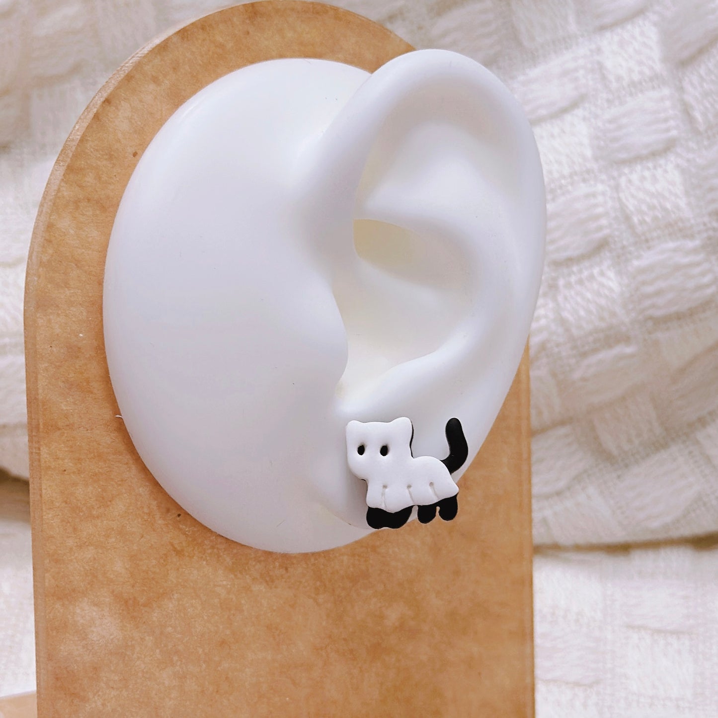 Handcrafted Ghost Cat Stud Earrings – Cute Black and White Polymer Clay Halloween Jewelry