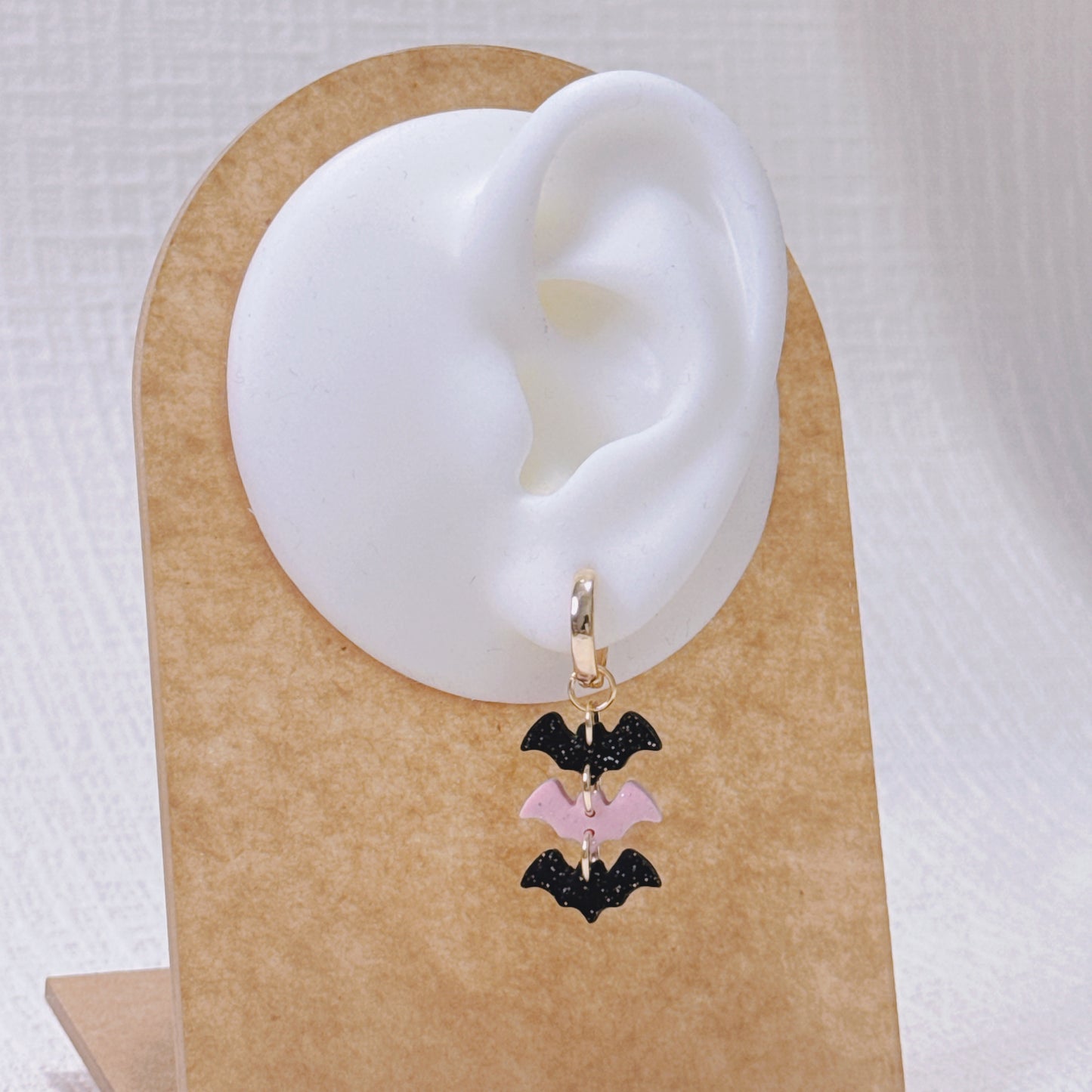Handcrafted Summerween Bat Earrings, Cute Pink & Black Bat Huggies
