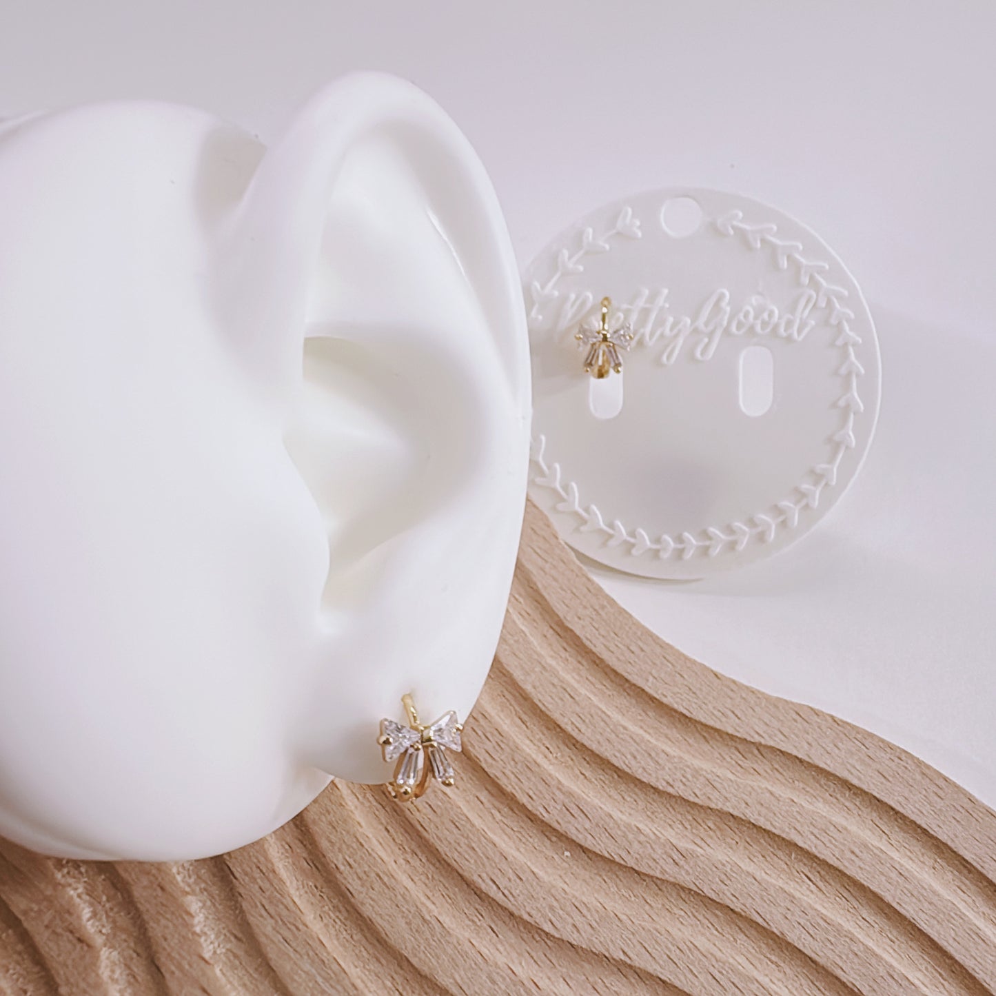 14K Gold Plated Mini Huggie Hoop Earrings with Zircon Ribbon Embellishment