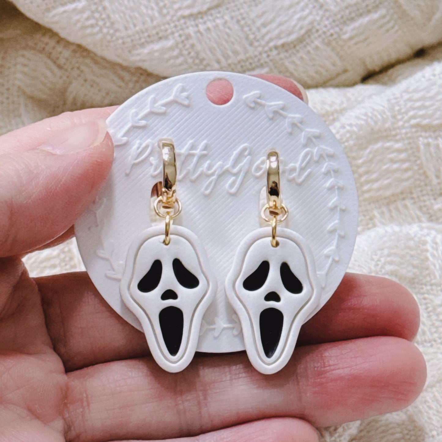 Scream Ghost Face Earrings, Handmade Polymer Clay Dangle Huggies, Spooky Cute Halloween Jewelry
