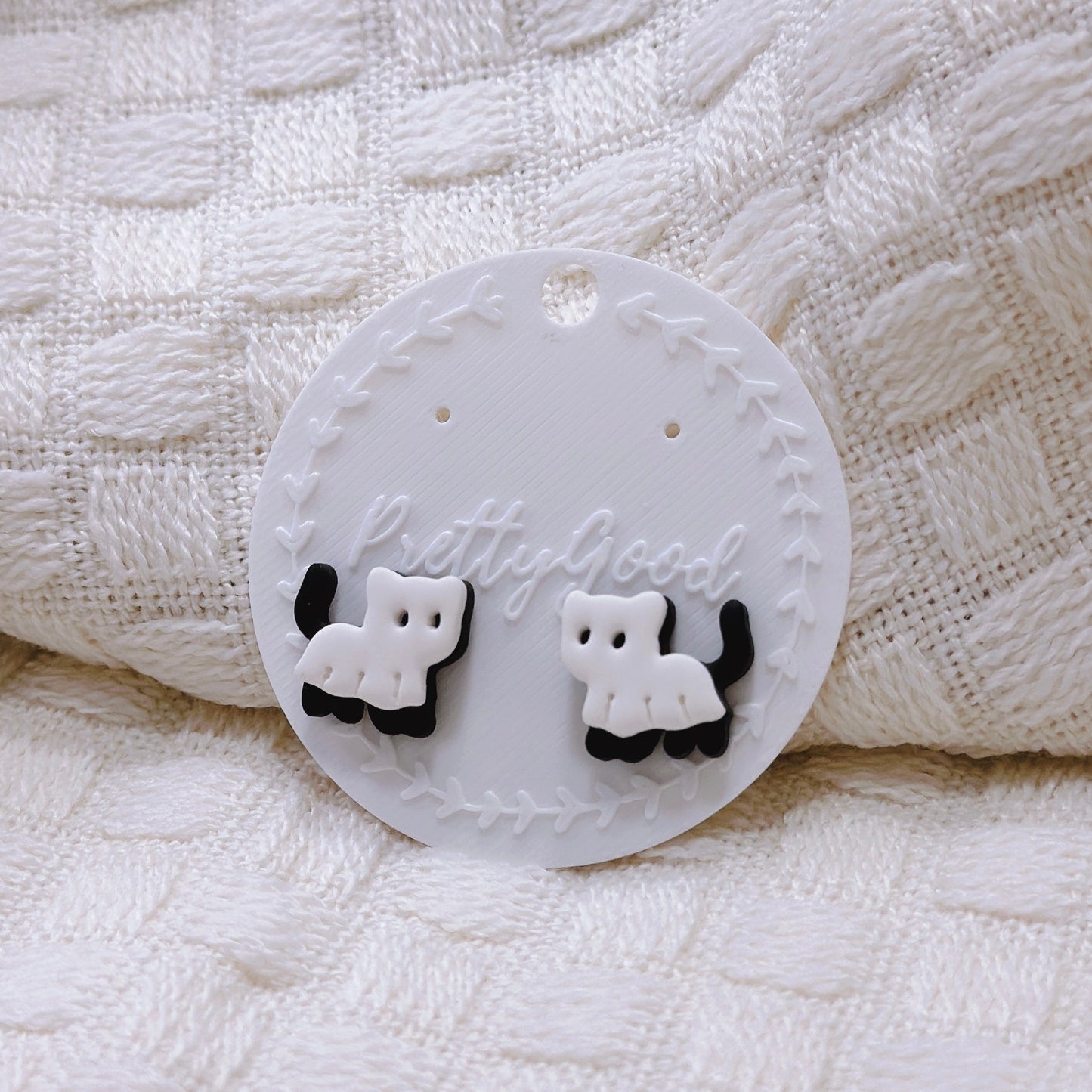 Handcrafted Ghost Cat Stud Earrings – Cute Black and White Polymer Clay Halloween Jewelry