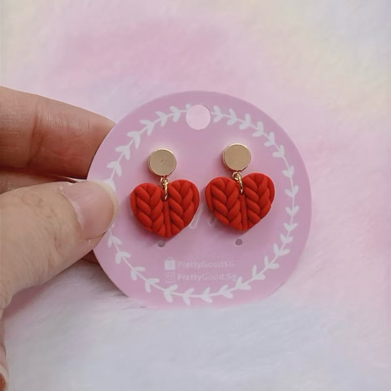 Knitted Heart Dangle, Handcrafted Earrings 🇸🇬 Made, Gift for her