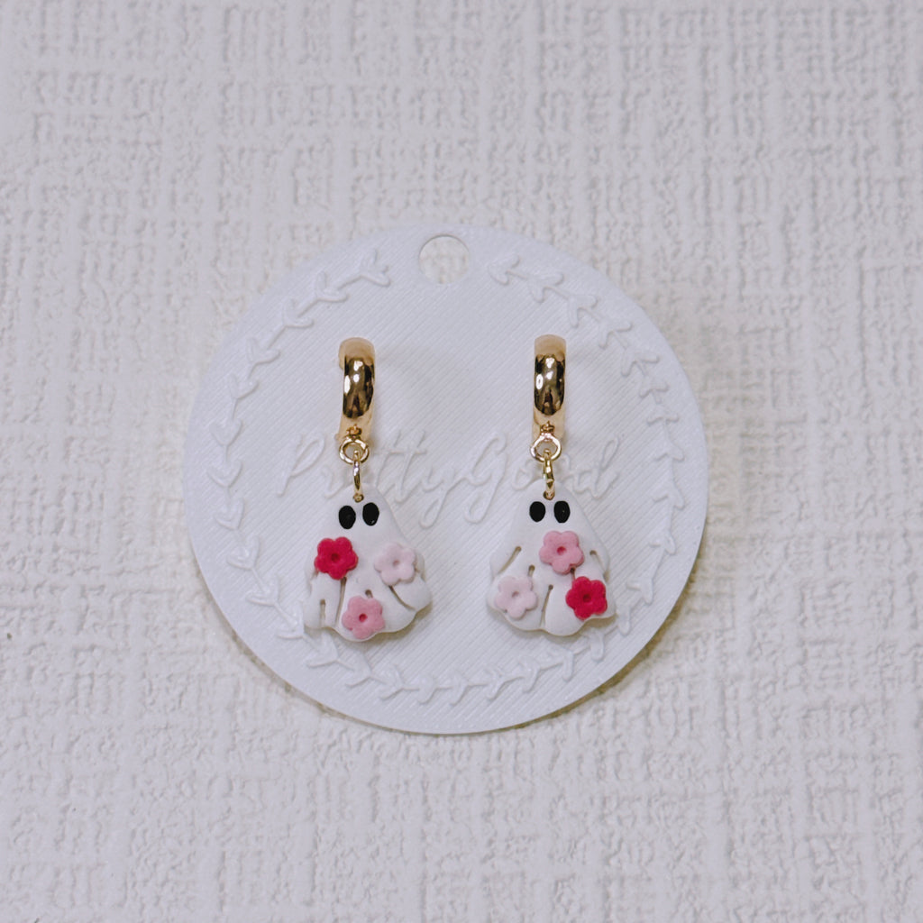 Handcrafted Floral Ghost Earrings, Cute Summerween & Halloween Huggies, Gift for Her