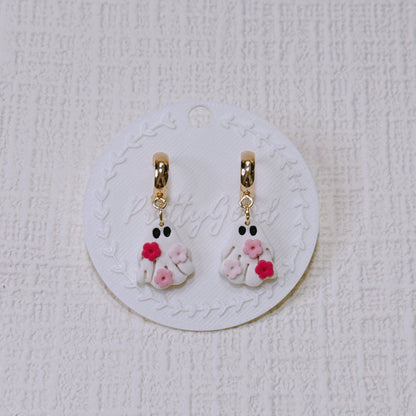 Handcrafted Floral Ghost Earrings, Cute Summerween & Halloween Huggies, Gift for Her