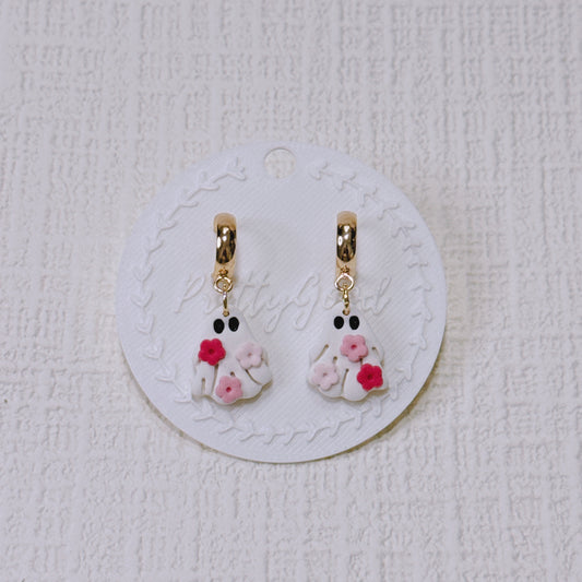 Handcrafted Floral Ghost Earrings, Cute Summerween & Halloween Huggies, Gift for Her
