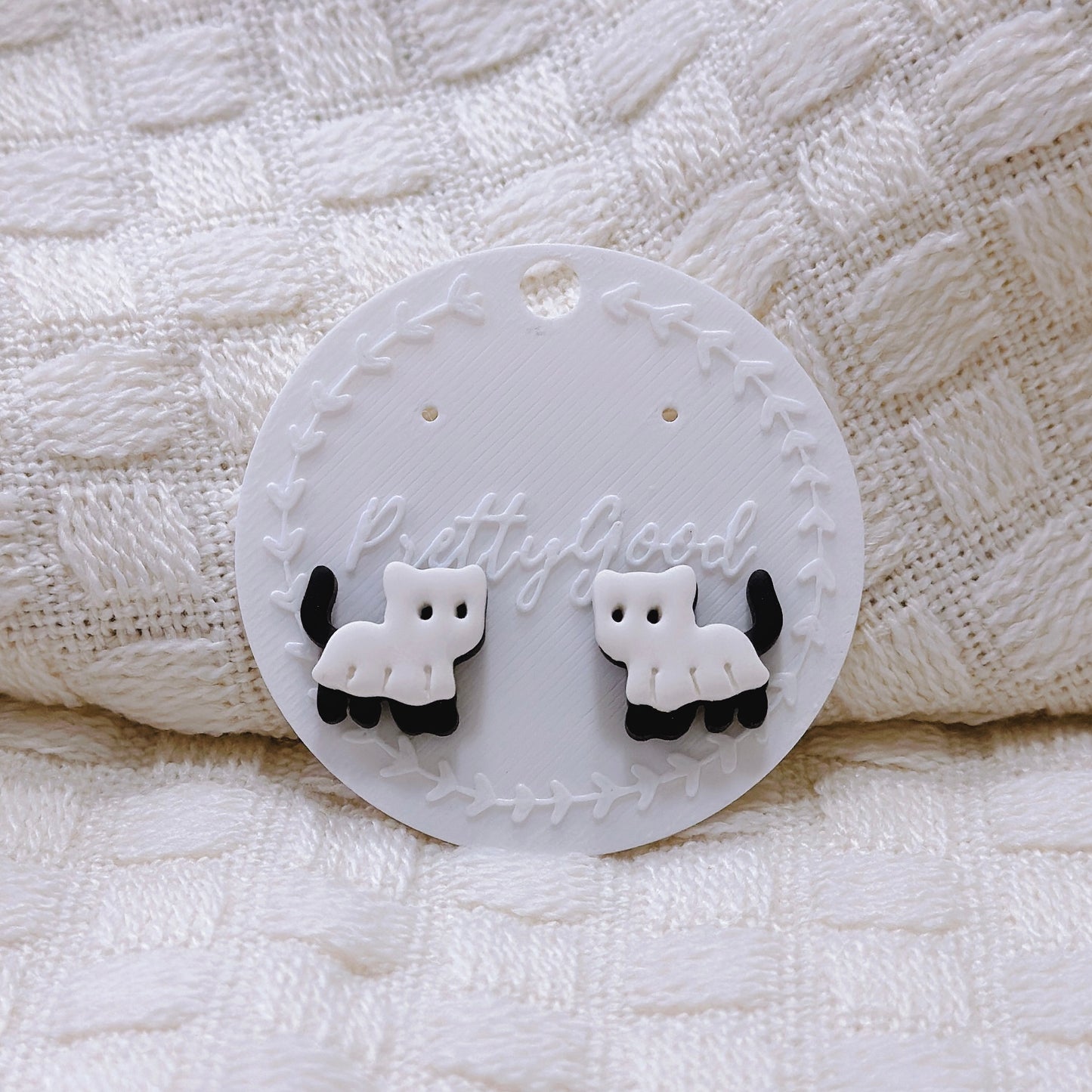 Handcrafted Ghost Cat Stud Earrings – Cute Black and White Polymer Clay Halloween Jewelry