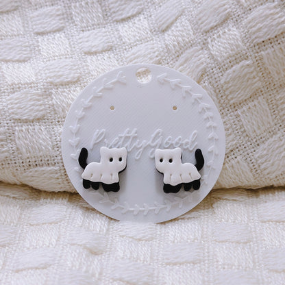 Handcrafted Ghost Cat Stud Earrings – Cute Black and White Polymer Clay Halloween Jewelry