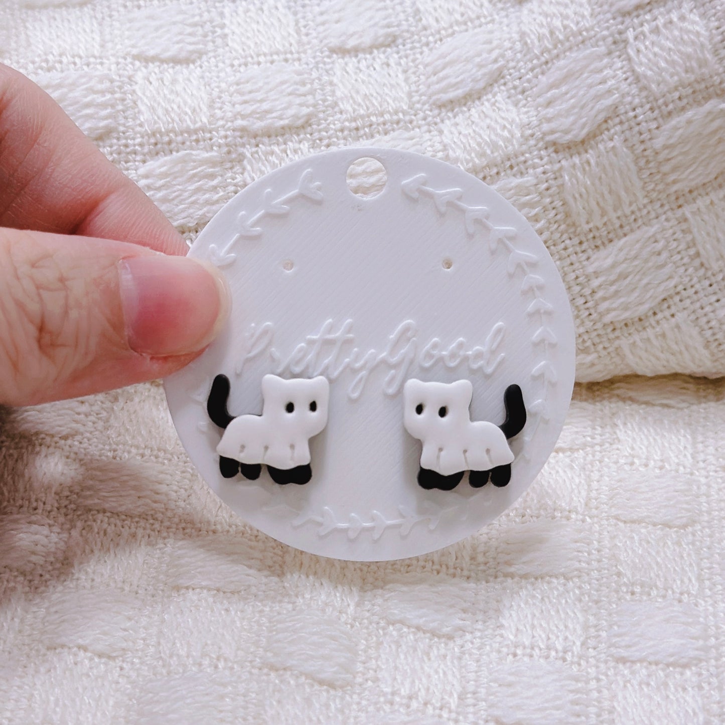 Handcrafted Ghost Cat Stud Earrings – Cute Black and White Polymer Clay Halloween Jewelry