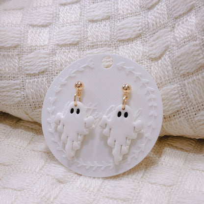 Handcrafted Draped Ghost Dangle Earrings – Simple Yet Cute White Polymer Clay Halloween Jewelry