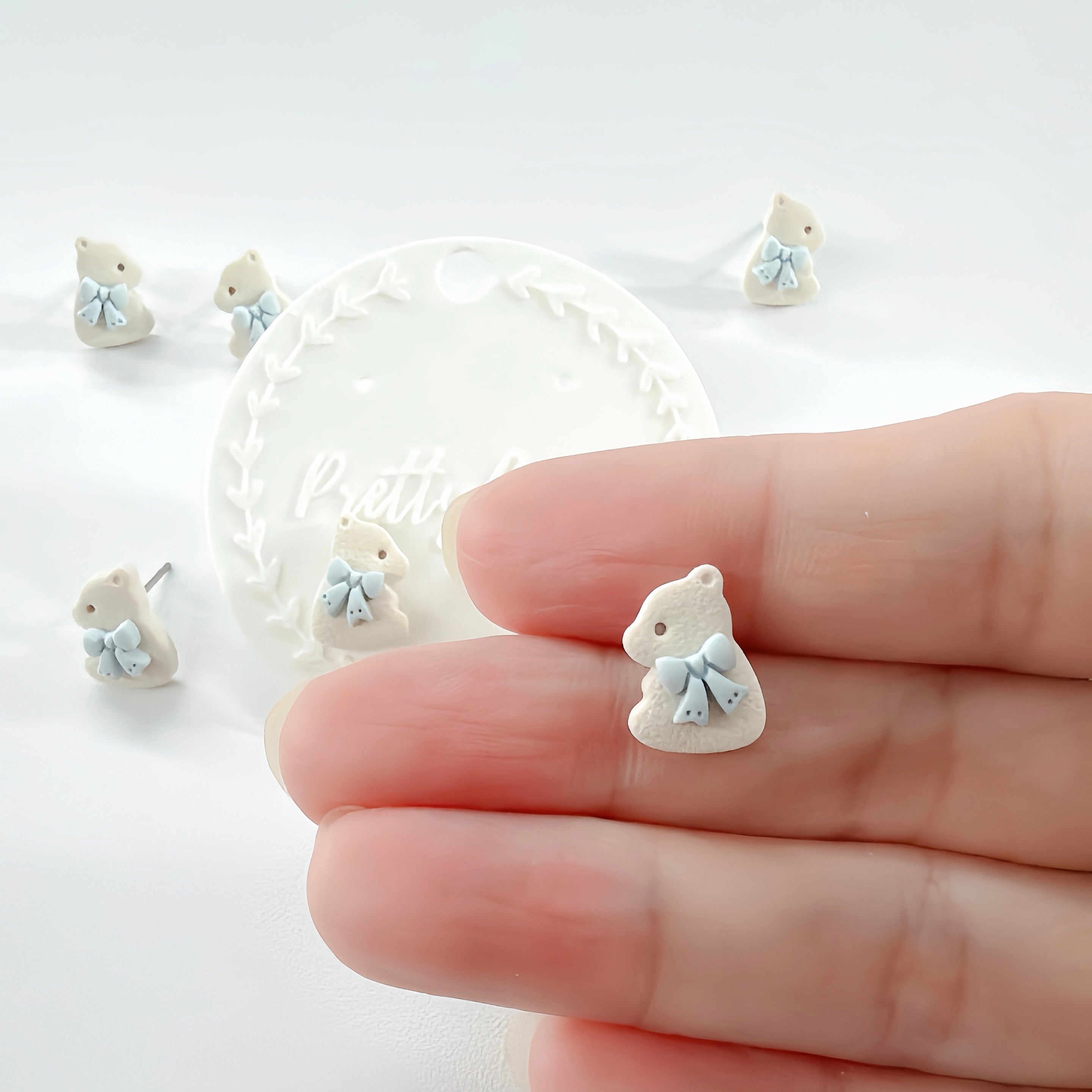 Mini Bear Polymer Clay Stud Earrings | Cottagecore Bow Bear | Handmade Garden Jewelry
