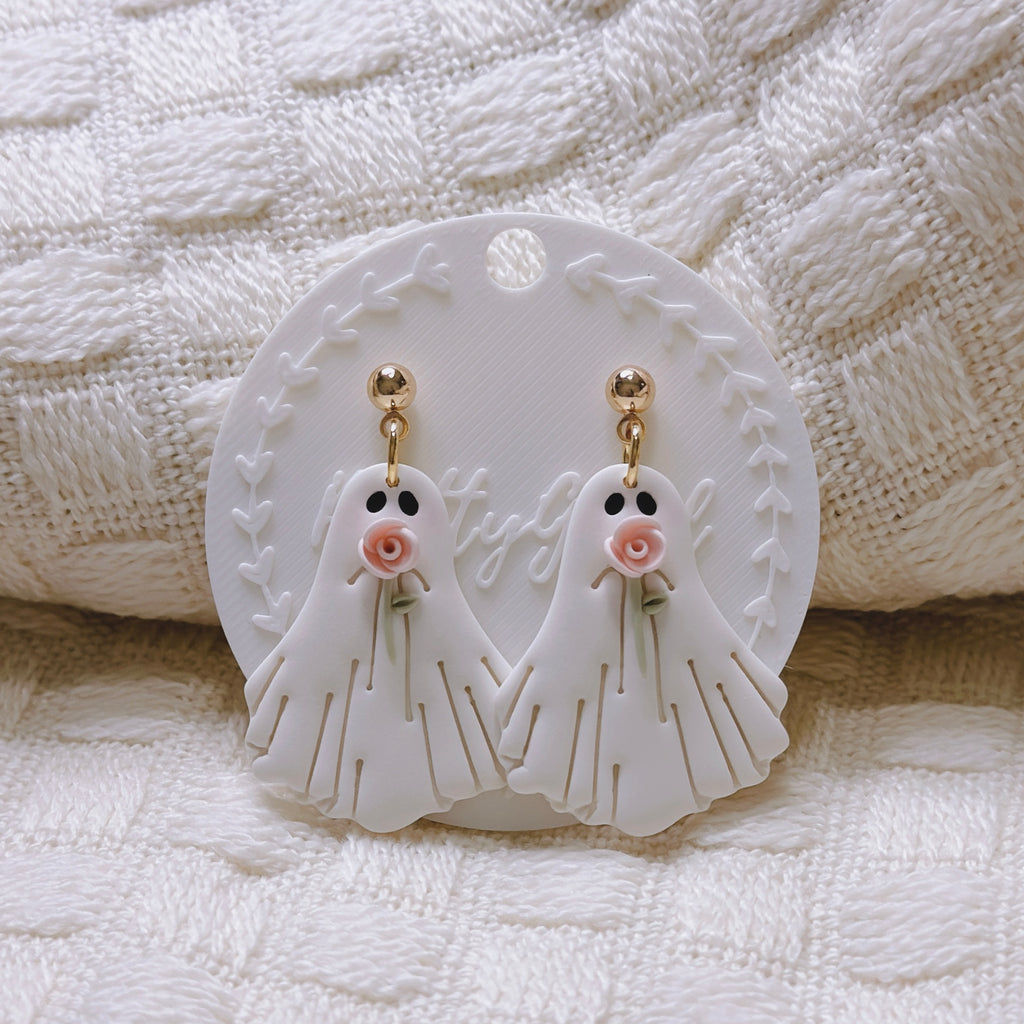 Handcrafted Rose Ghost Dangle Earrings – Cute Polymer Clay Pastel Halloween Earrings