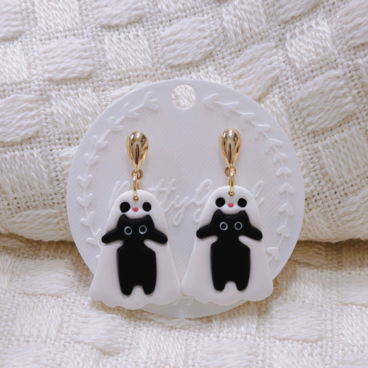 Handcrafted Ghost Hugging Black Cat Dangle Earrings – Cute Polymer Clay Halloween Jewelry