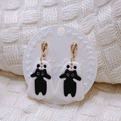Handcrafted Ghost Hugging Black Cat Dangle Earrings – Cute Polymer Clay Halloween Jewelry