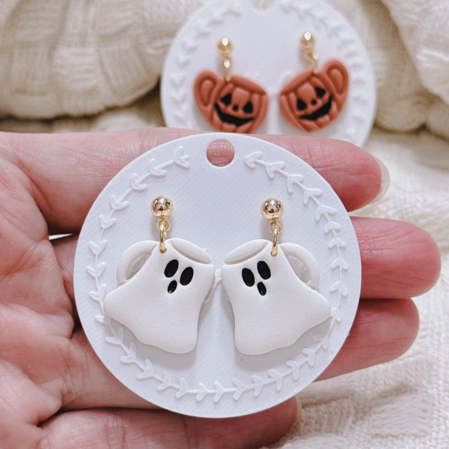 Pumpkin Mug Earrings and Ghost Mug Earrings, Handmade Polymer Clay Halloween Dangles, Cute Spooky Fall Jewelry