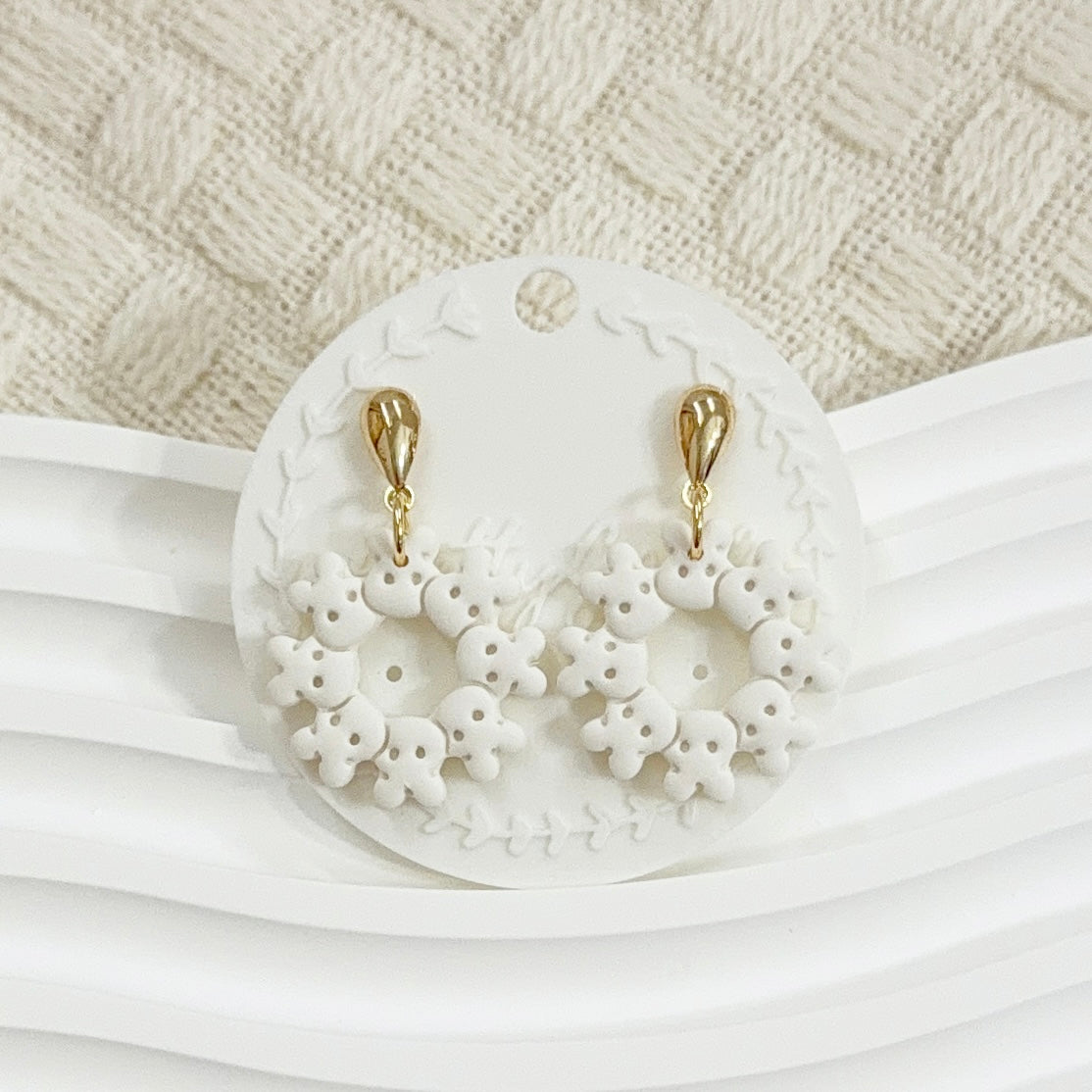 Cute Bunny Wreath Earrings Handmade Polymer Clay | Rabbit Circle Dangle | Cottagecore Animal Jewelry