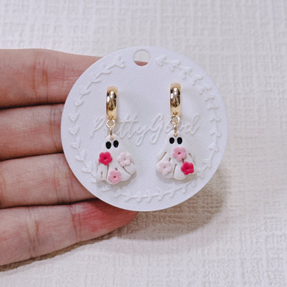 Handcrafted Floral Ghost Earrings, Cute Summerween & Halloween Huggies, Gift for Her