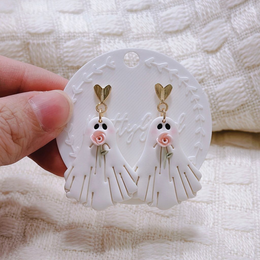 Handcrafted Rose Ghost Dangle Earrings – Cute Polymer Clay Pastel Halloween Earrings