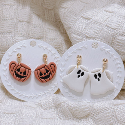 Pumpkin Mug Earrings and Ghost Mug Earrings, Handmade Polymer Clay Halloween Dangles, Cute Spooky Fall Jewelry