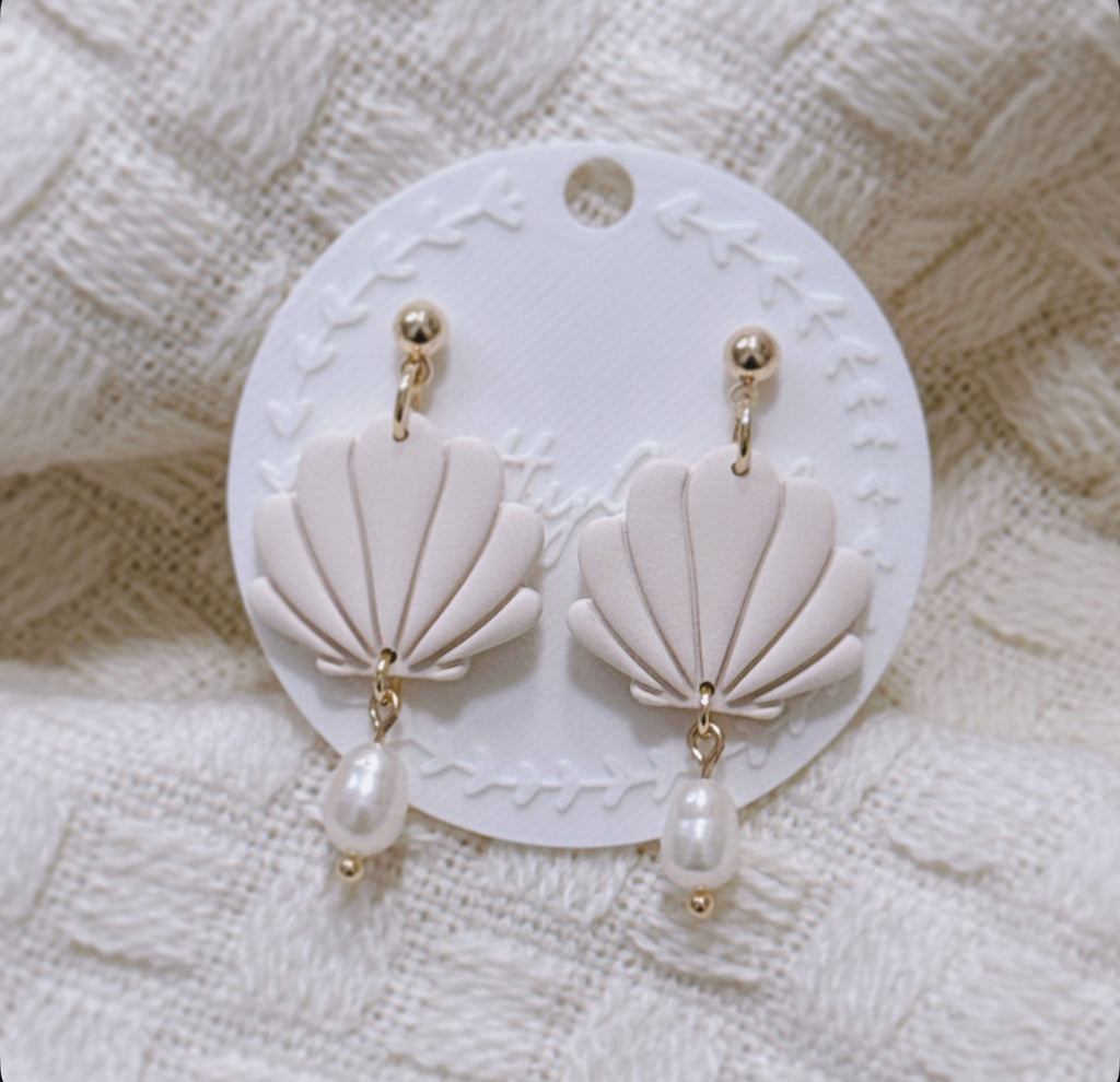 Handcrafted Clam Shell Earrings with Freshwater Pearls – Polymer Clay Coastal Dangle, Gift for Her