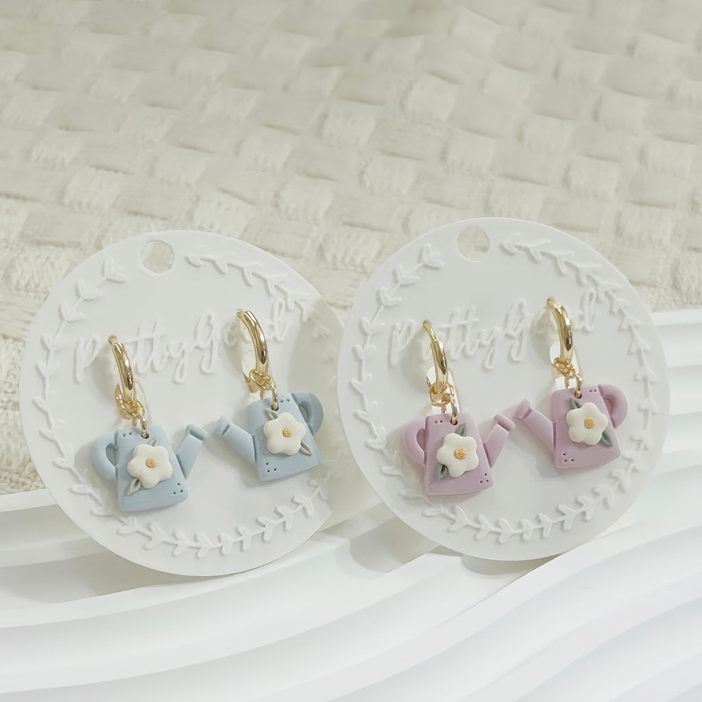 Floral Watering Can Polymer Clay Earrings | Cute Garden Dangle | Handmade Pastel Jewelry