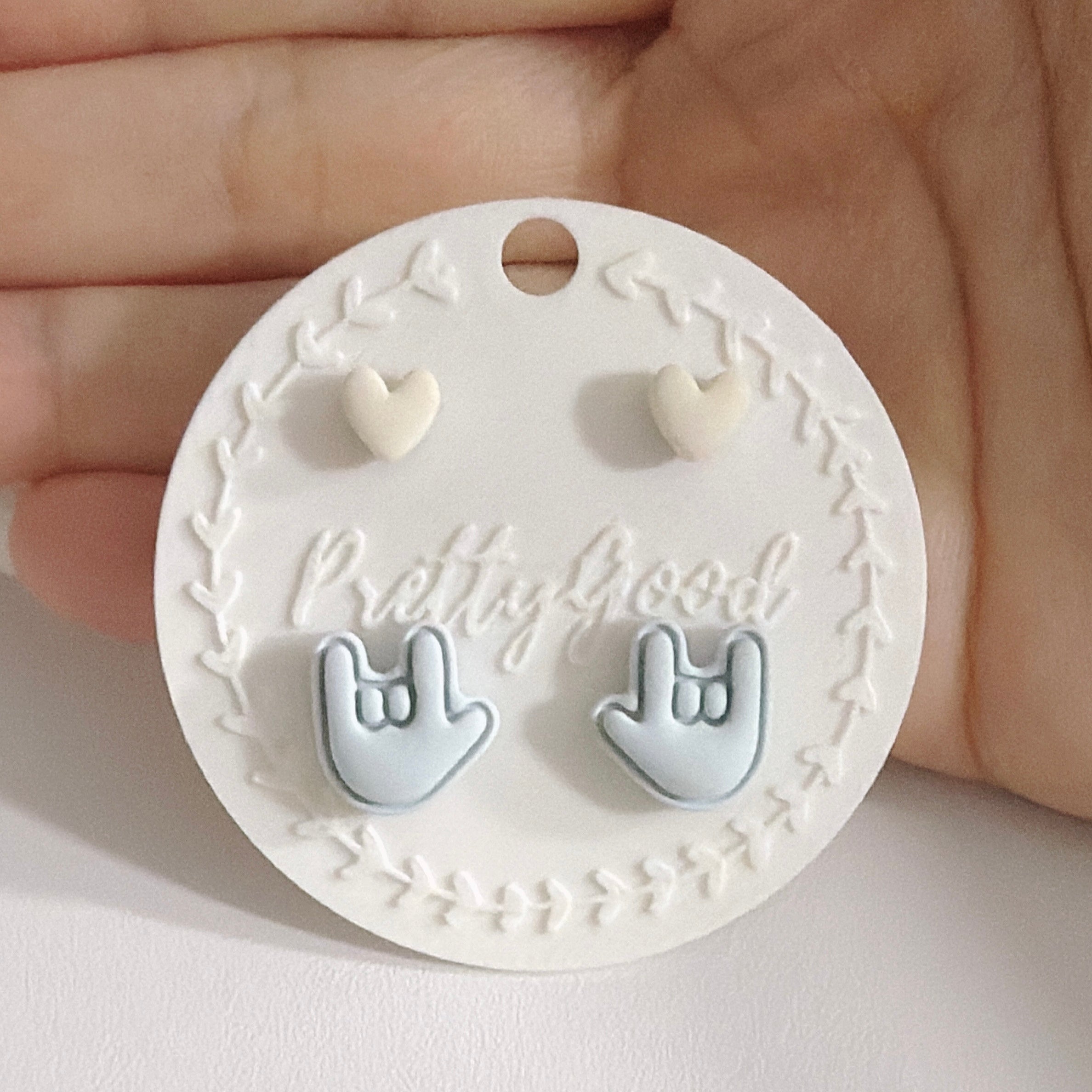 ASL I Love You Hand Sign Stud Earrings, Pastel Heart Studs, Handcrafted in Singapore, Cute Everyday Gift