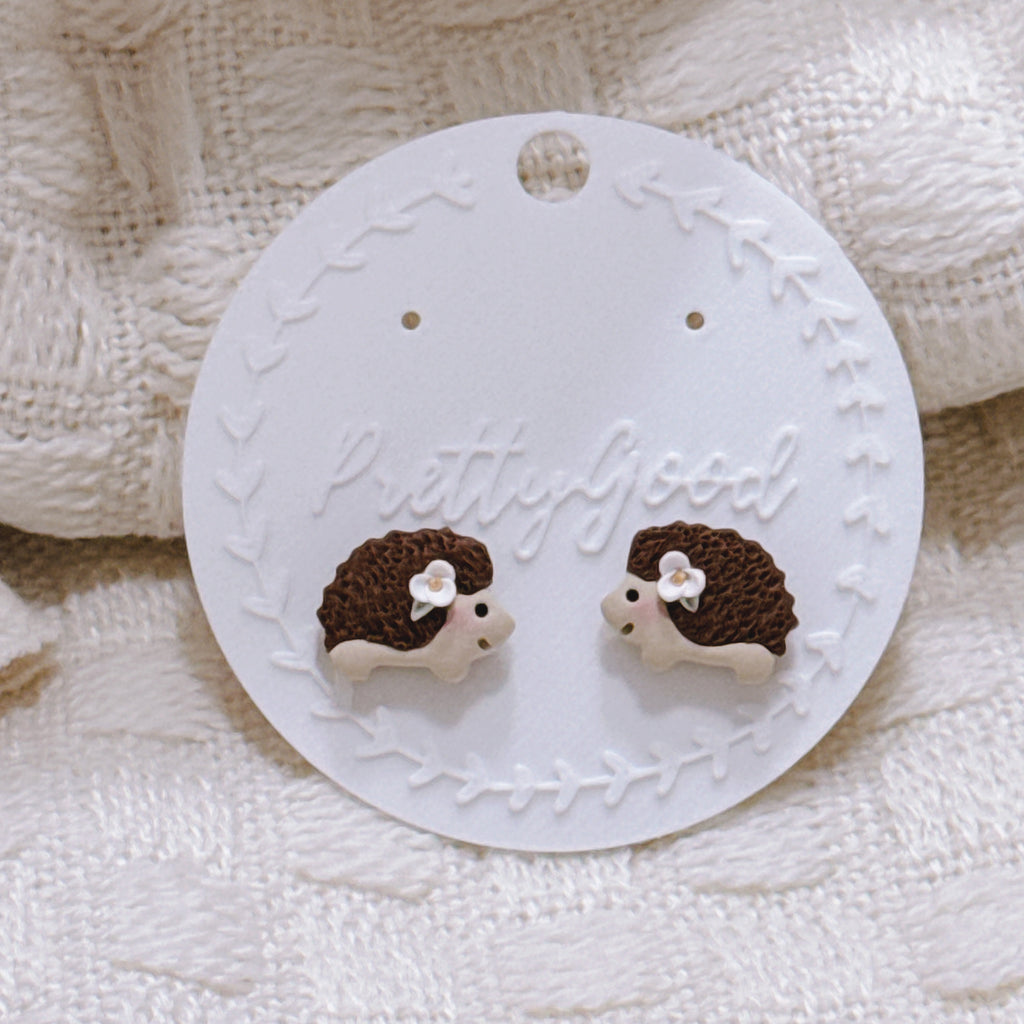 Hedgehog Earrings, Polymer Clay Animal Studs, Cute Woodland Jewelry with Flower Detail, Gift for Her, Handmade