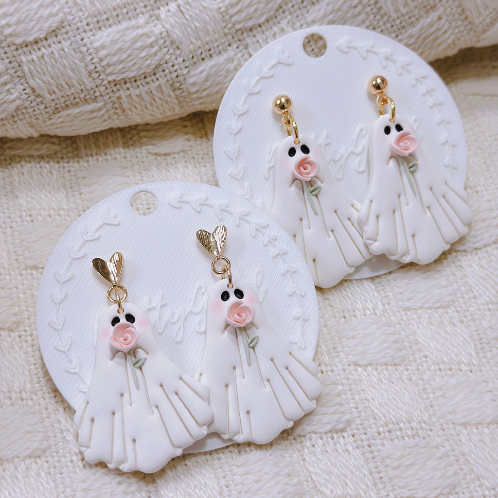 Handcrafted Rose Ghost Dangle Earrings – Cute Polymer Clay Pastel Halloween Earrings