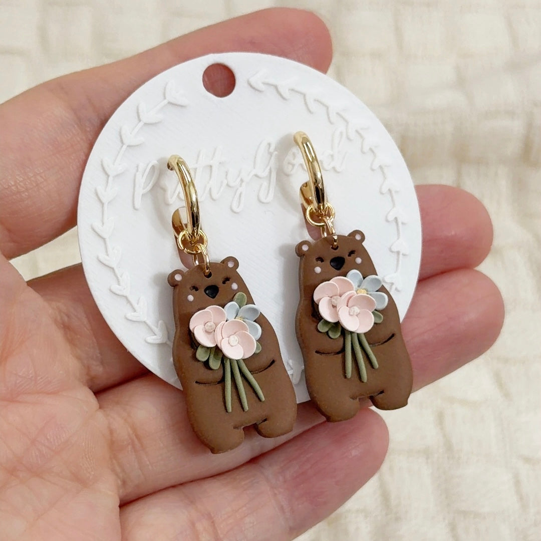 Floral Bear Huggie Earrings Cute Bear With Flower Bouquet 18K Gold Plated Dangle Earrings Handmade Polymer Clay