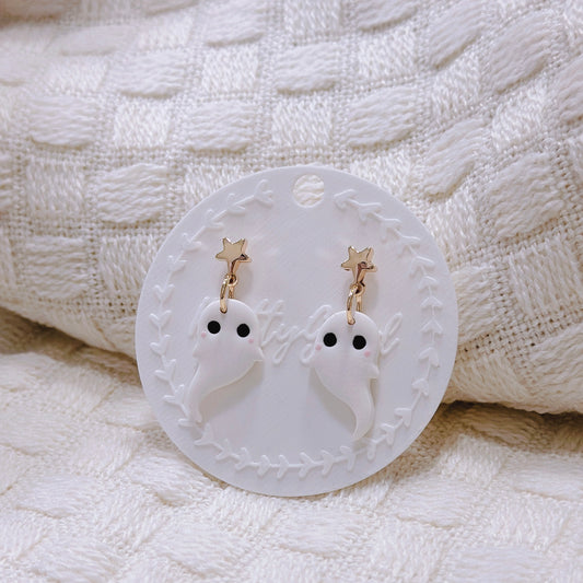 Handcrafted Starry Ghost Dangle Earrings – Cute White Polymer Clay Halloween Jewelry