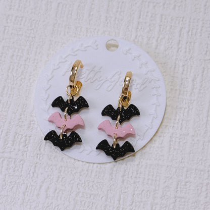 Handcrafted Summerween Bat Earrings, Cute Pink & Black Bat Huggies