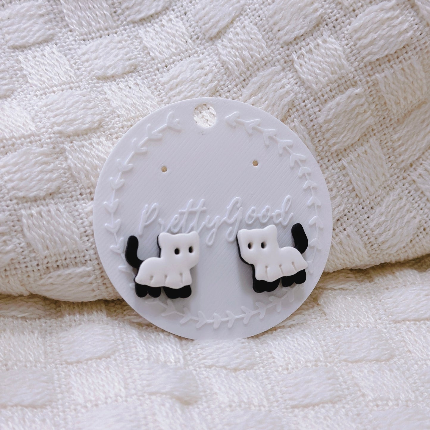 Handcrafted Ghost Cat Stud Earrings – Cute Black and White Polymer Clay Halloween Jewelry