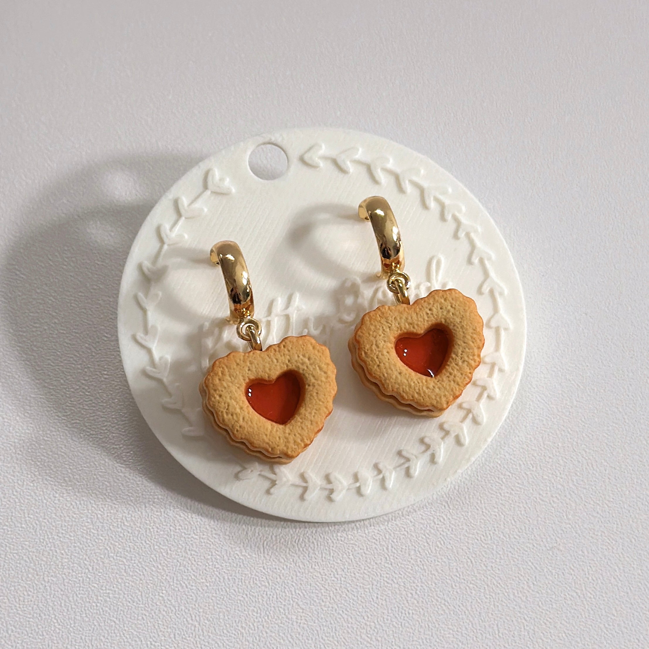 Handcrafted Heart Jam Cookie Dangle Earrings, Biscuit Cookie Earrings, 18K Gold Plated, Handmade in Singapore