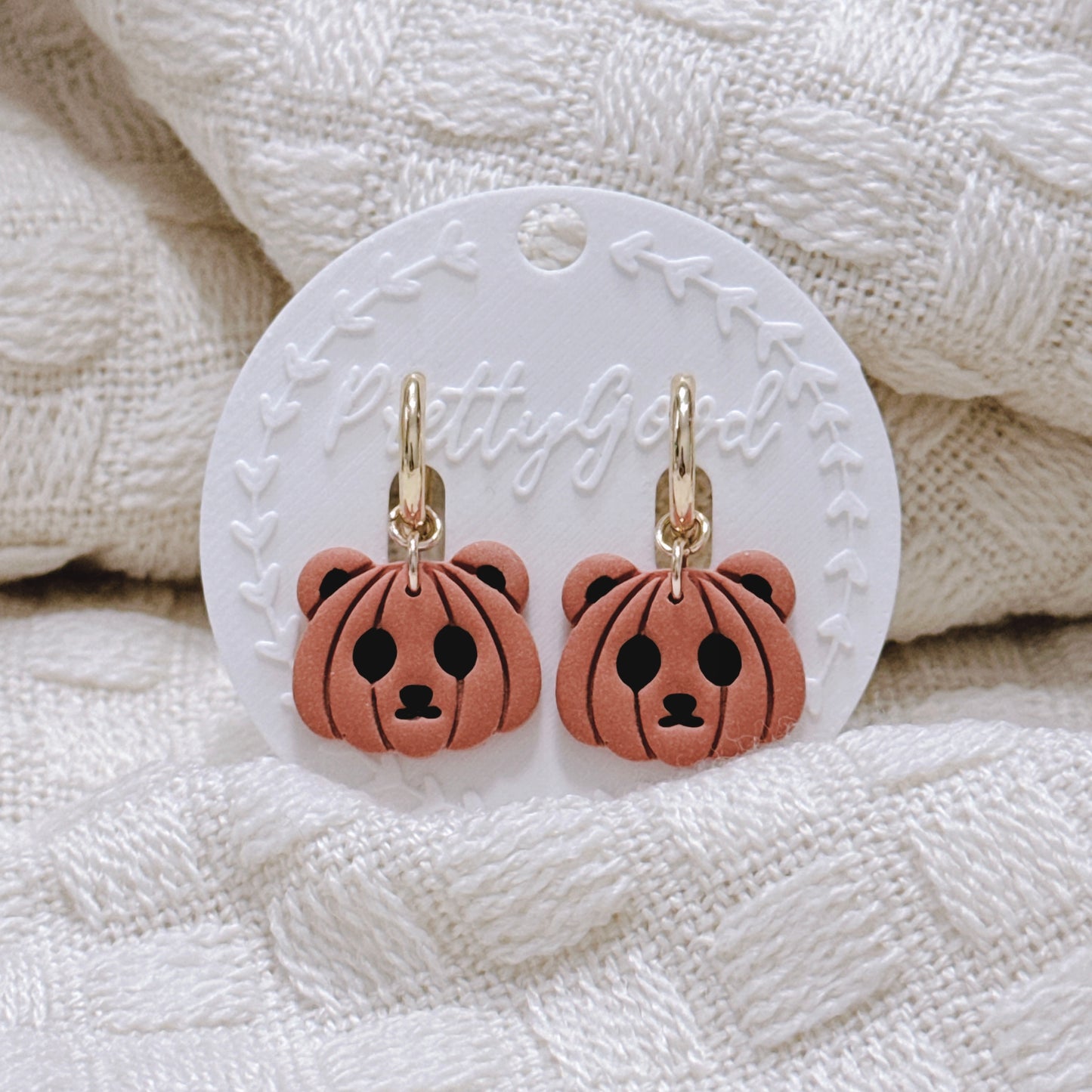 Pumpkin Bear Earrings, Handmade Polymer Clay Halloween Huggies, 14K Gold Plated Cute Spooky Jewelry, Gift for Her