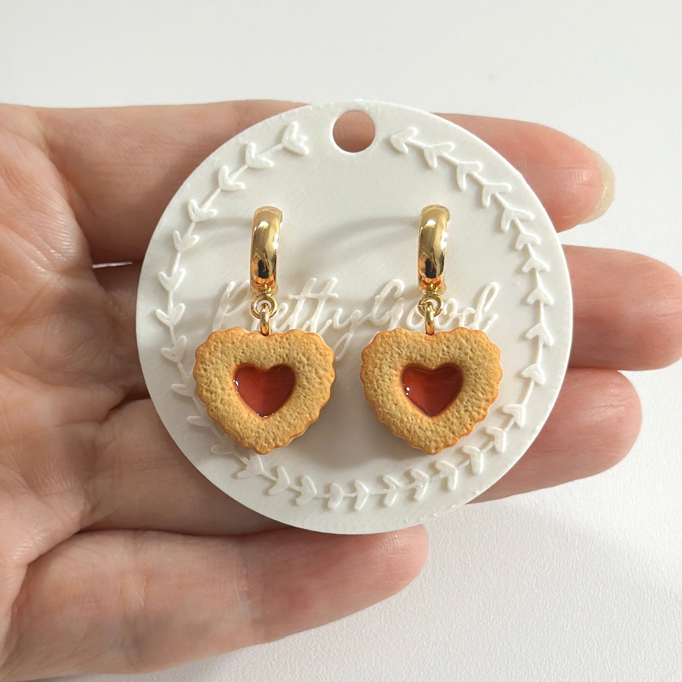 Handcrafted Heart Jam Cookie Dangle Earrings, Biscuit Cookie Earrings, 18K Gold Plated, Handmade in Singapore