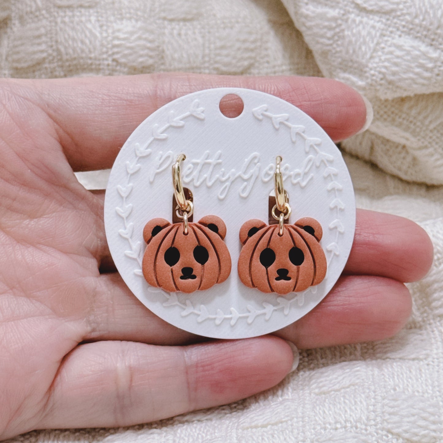 Pumpkin Bear Earrings, Handmade Polymer Clay Halloween Huggies, 14K Gold Plated Cute Spooky Jewelry, Gift for Her