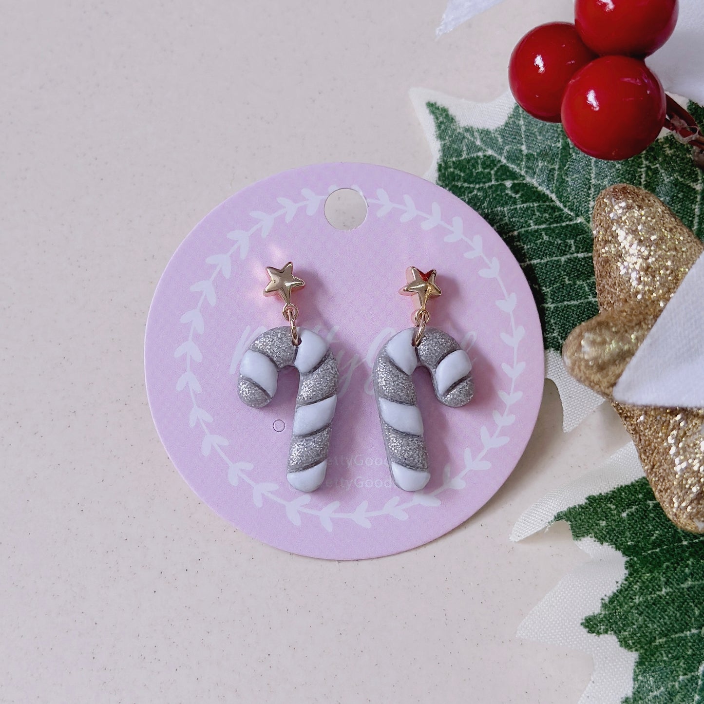 Christmas Candy Cane Earrings, Handmade in Singapore, Polymer Clay Earrings, Gift for Her