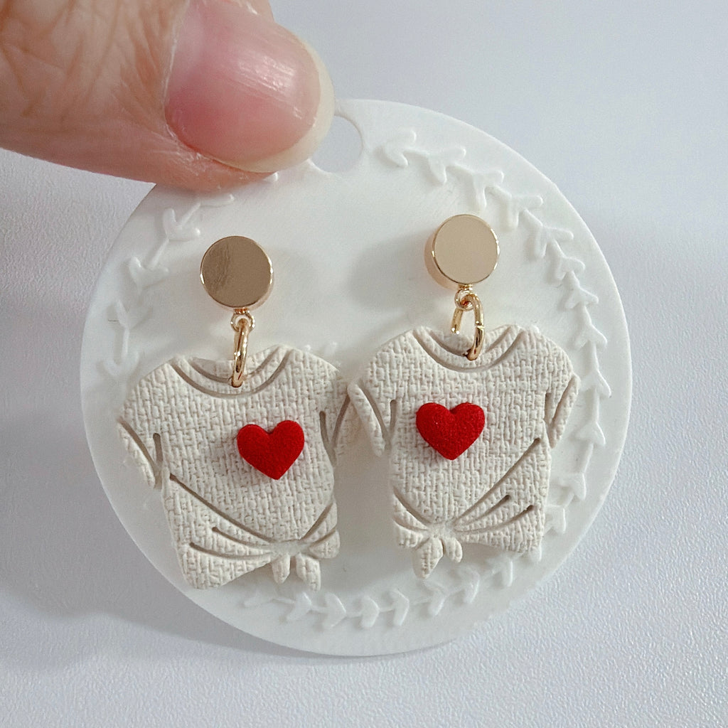 Heart T-Shirt Dangle Earrings | Handmade Polymer Clay Love Earrings | Gift for Her