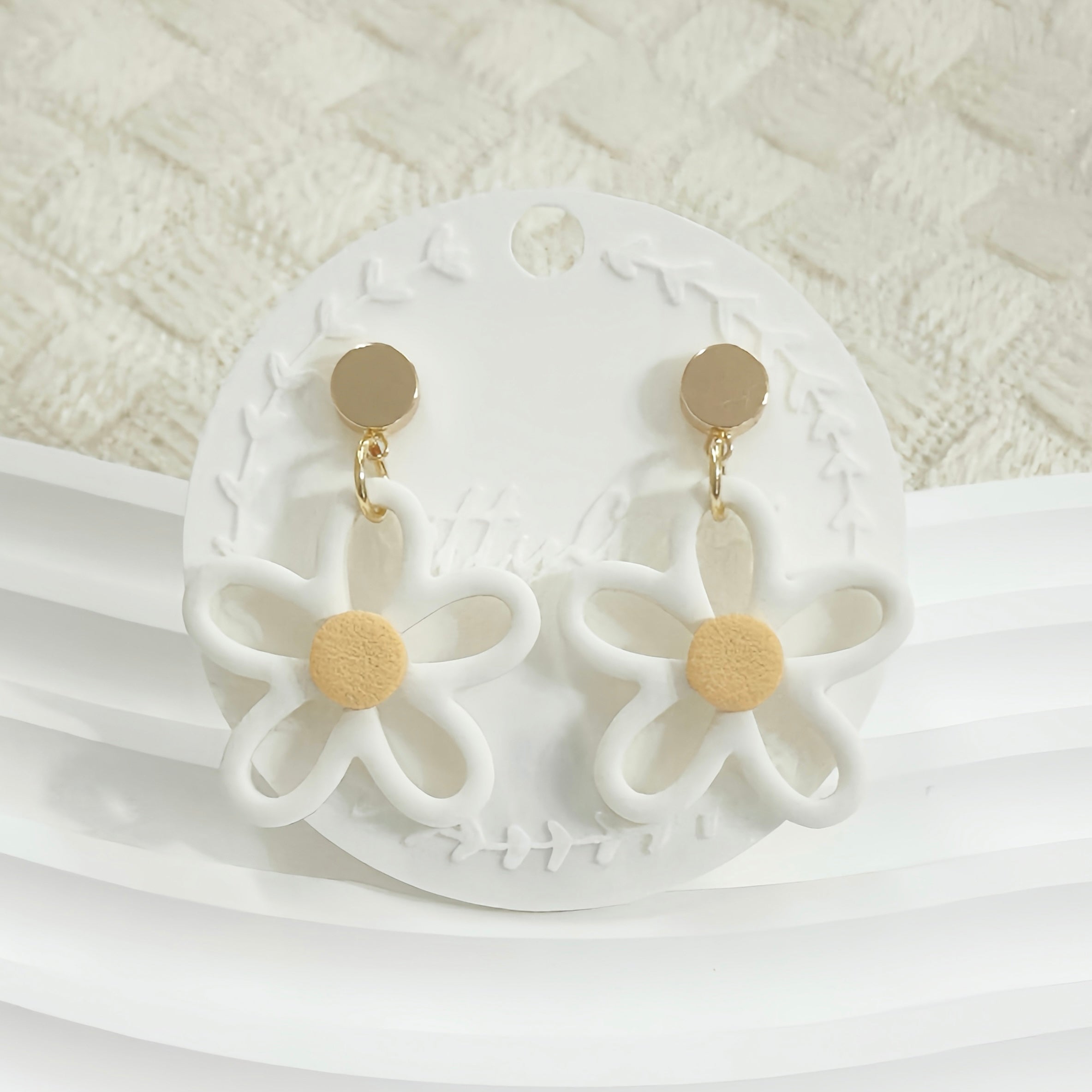 Hollow Daisy Outline Polymer Clay Earrings | Minimal White Floral Dangle | Handmade Lightweight Jewelry