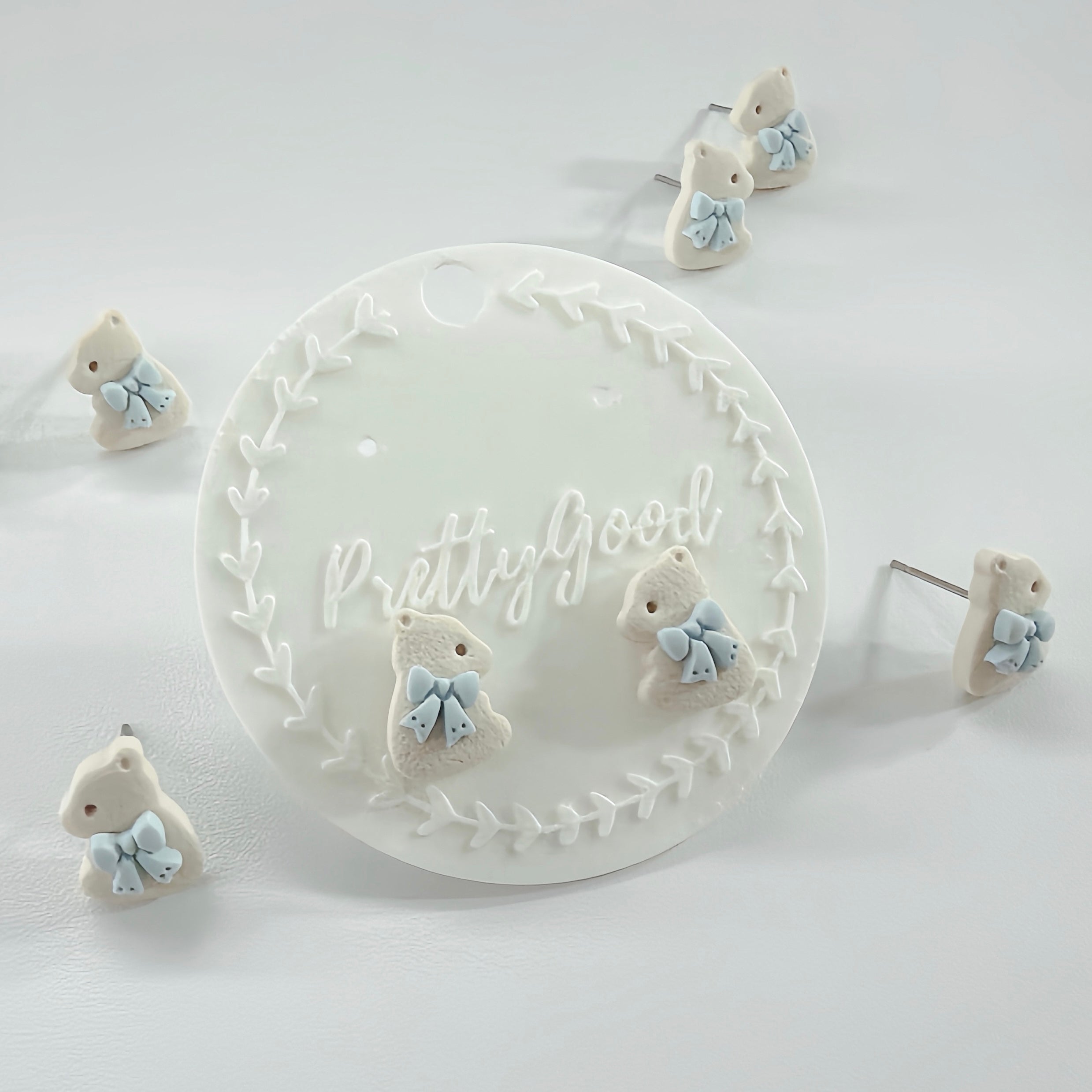 Mini Bear Polymer Clay Stud Earrings | Cottagecore Bow Bear | Handmade Garden Jewelry