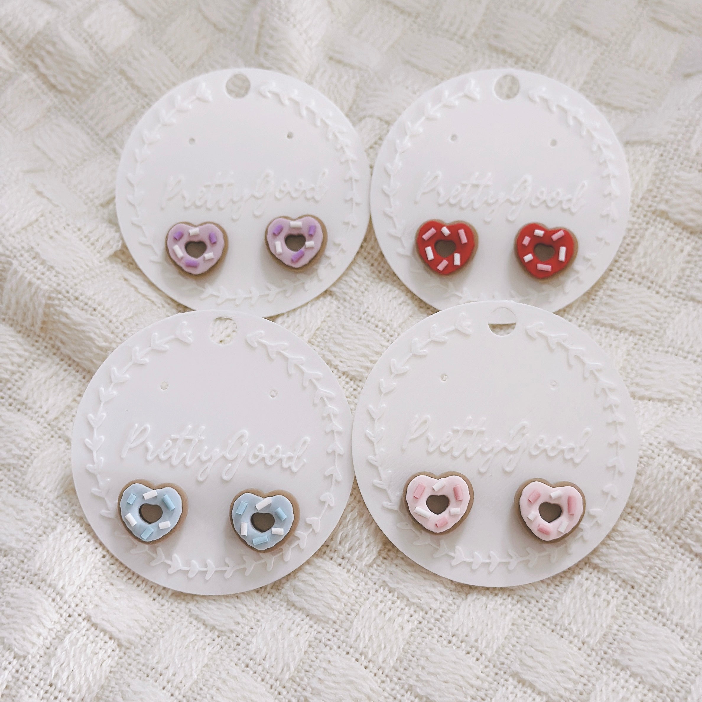 Heart Donut Stud Earrings – Handmade Polymer Clay Donut Earrings in Pink or Red Icing with Sprinkles, Cute Food-Inspired