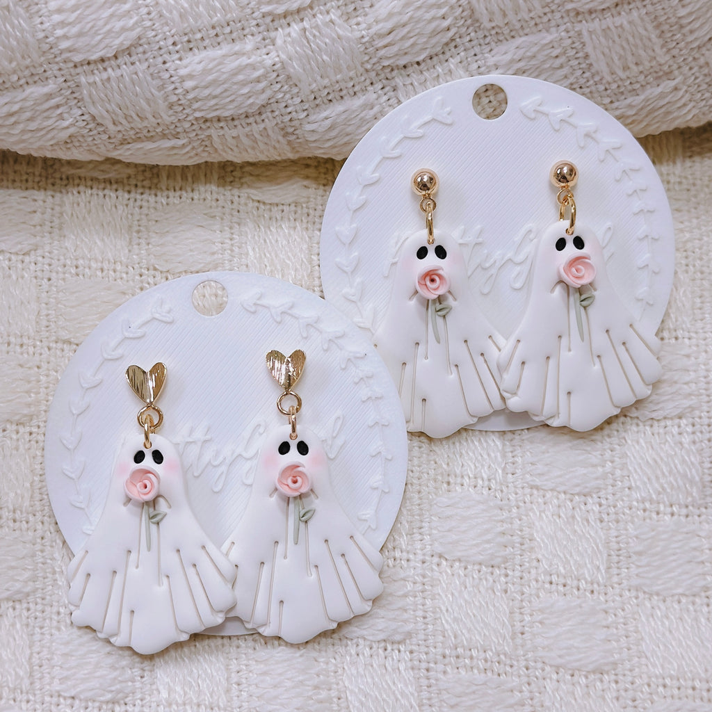 Handcrafted Rose Ghost Dangle Earrings – Cute Polymer Clay Pastel Halloween Earrings