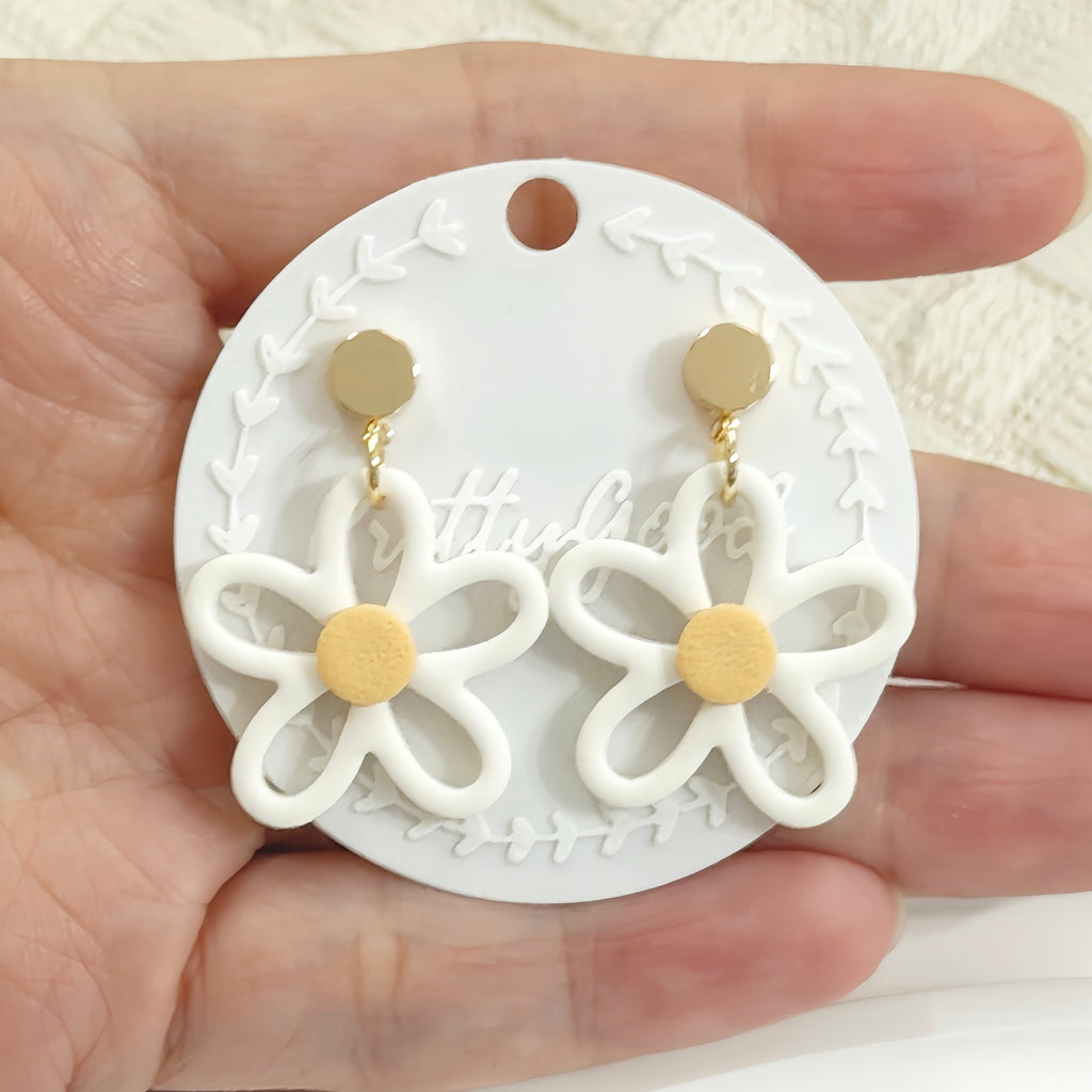 Hollow Daisy Outline Polymer Clay Earrings | Minimal White Floral Dangle | Handmade Lightweight Jewelry